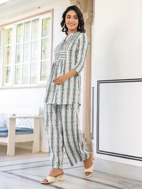 White Pure Cotton Floral Printed A-line Co-ord Set